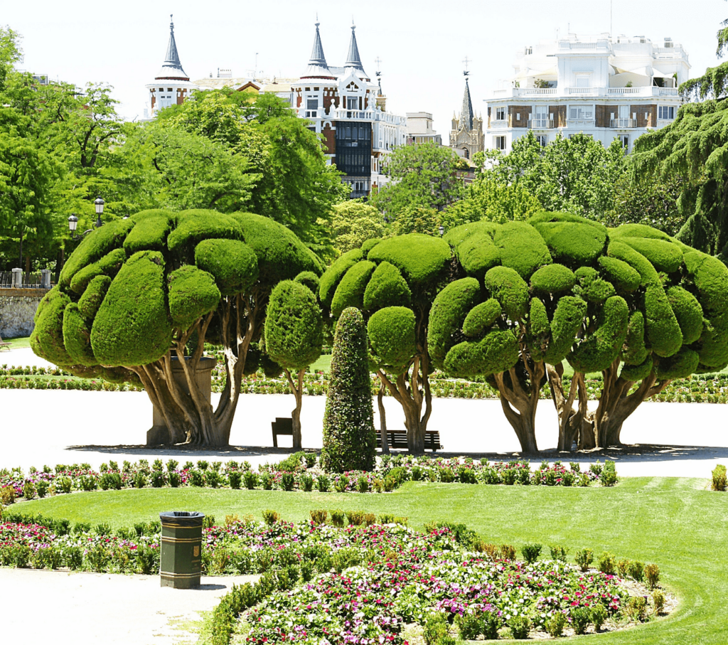 The beautifully manicured El Retiro park, which is a UNESCO-listed urban park, with city buildings in the background.