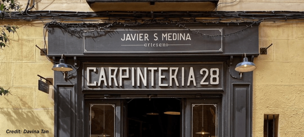 The storefront of an artisanal crafts workshop in the trendy Malasaña neighborhood.
