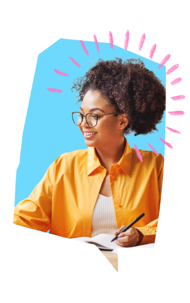 A woman with glasses writing in a notebook