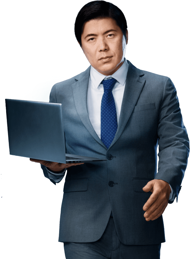 Businessman holding an open laptop