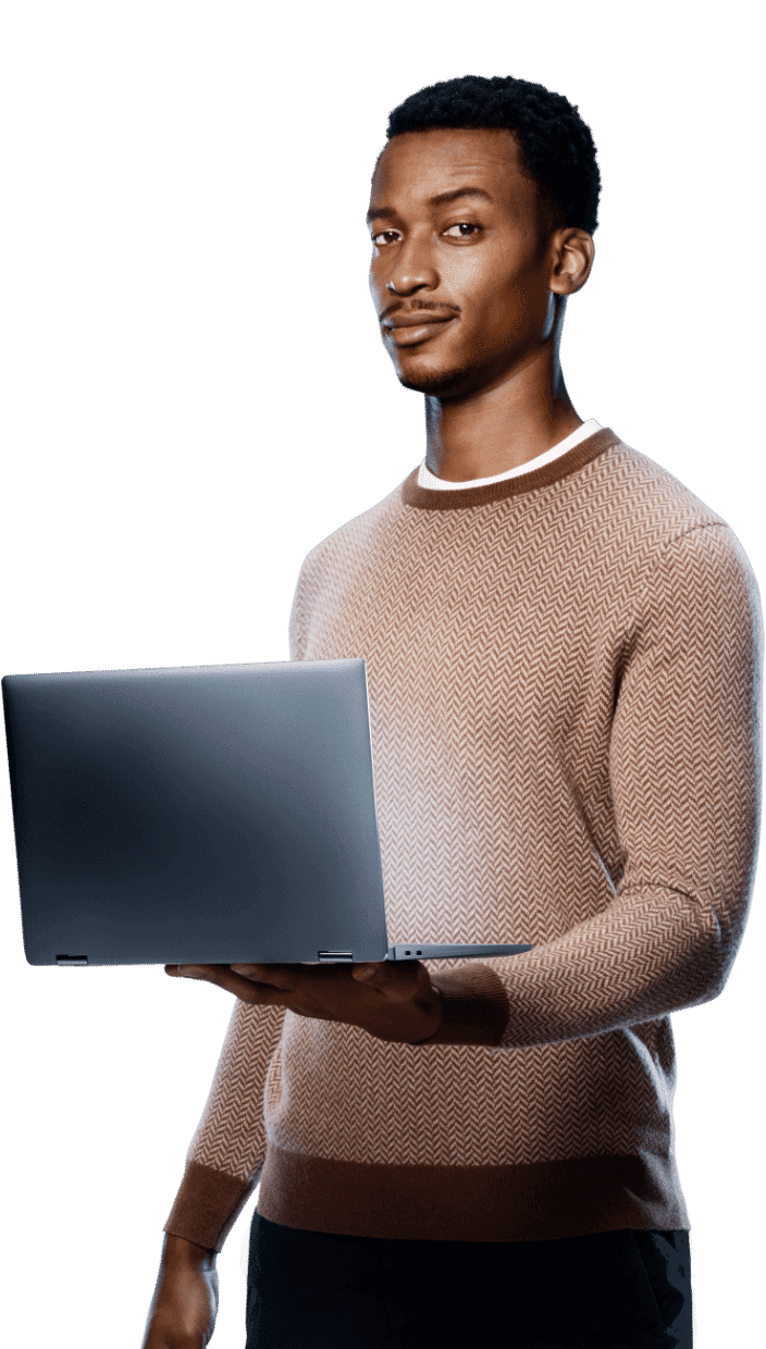 IT professional balancing open laptop on his palm