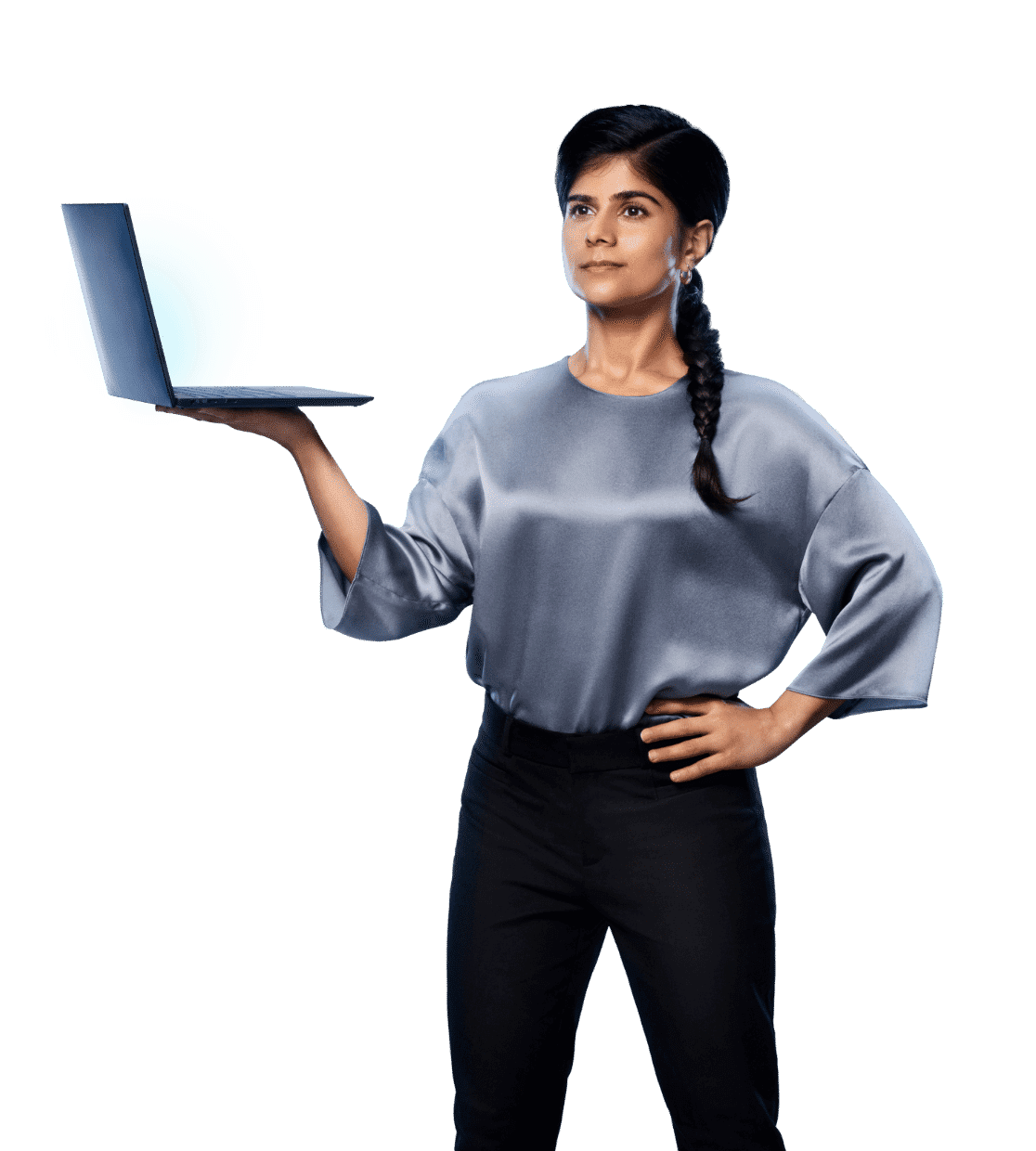 IT professional balancing open laptop on her palm