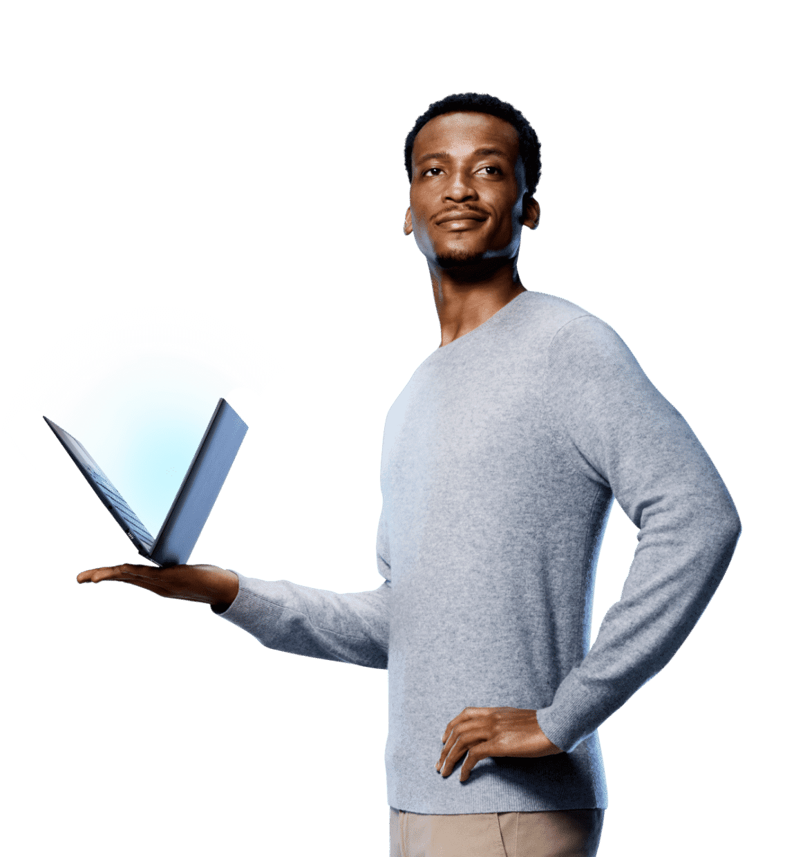 IT professional balancing open laptop on this palm