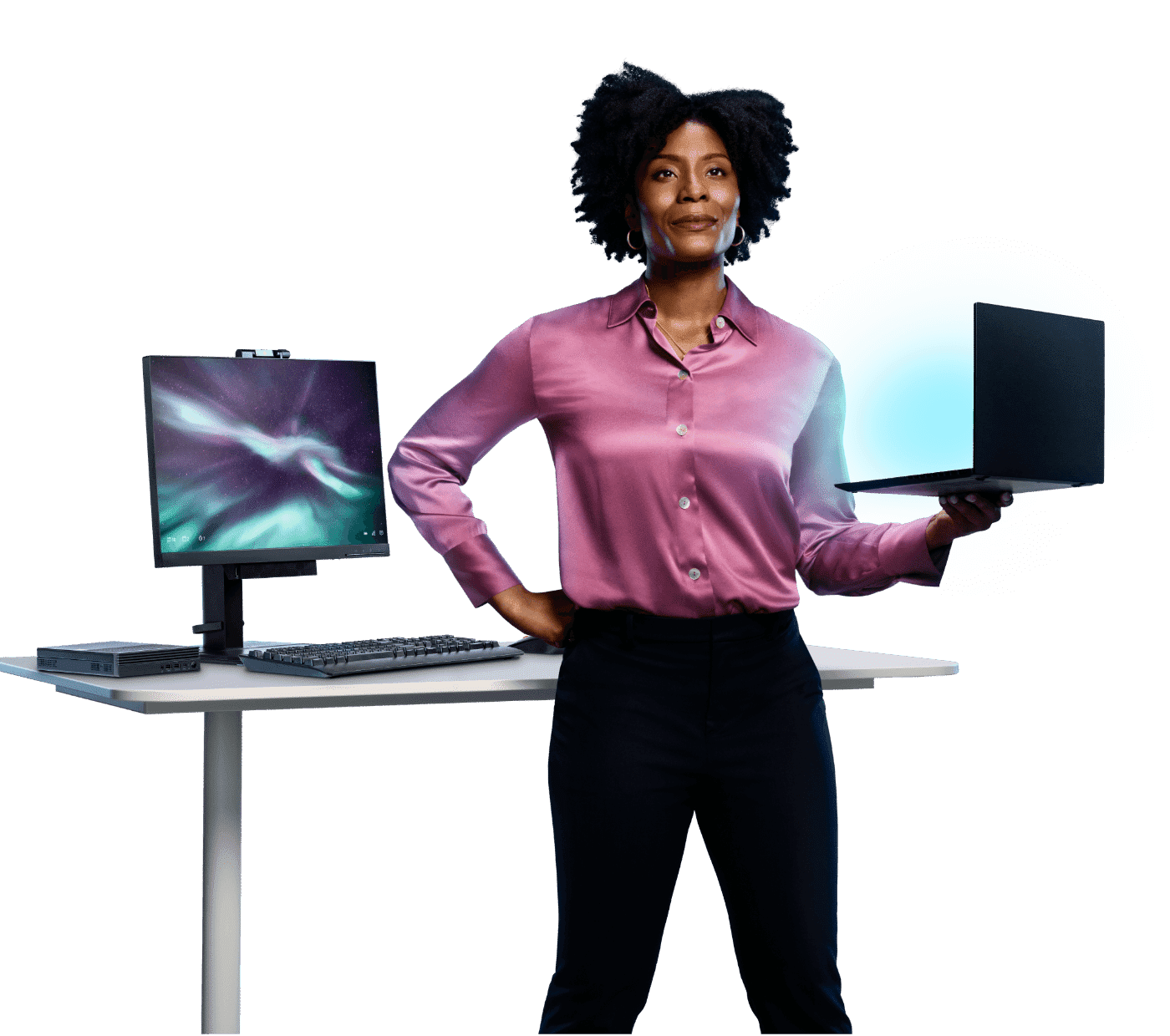 IT professional balancing laptop on her palm