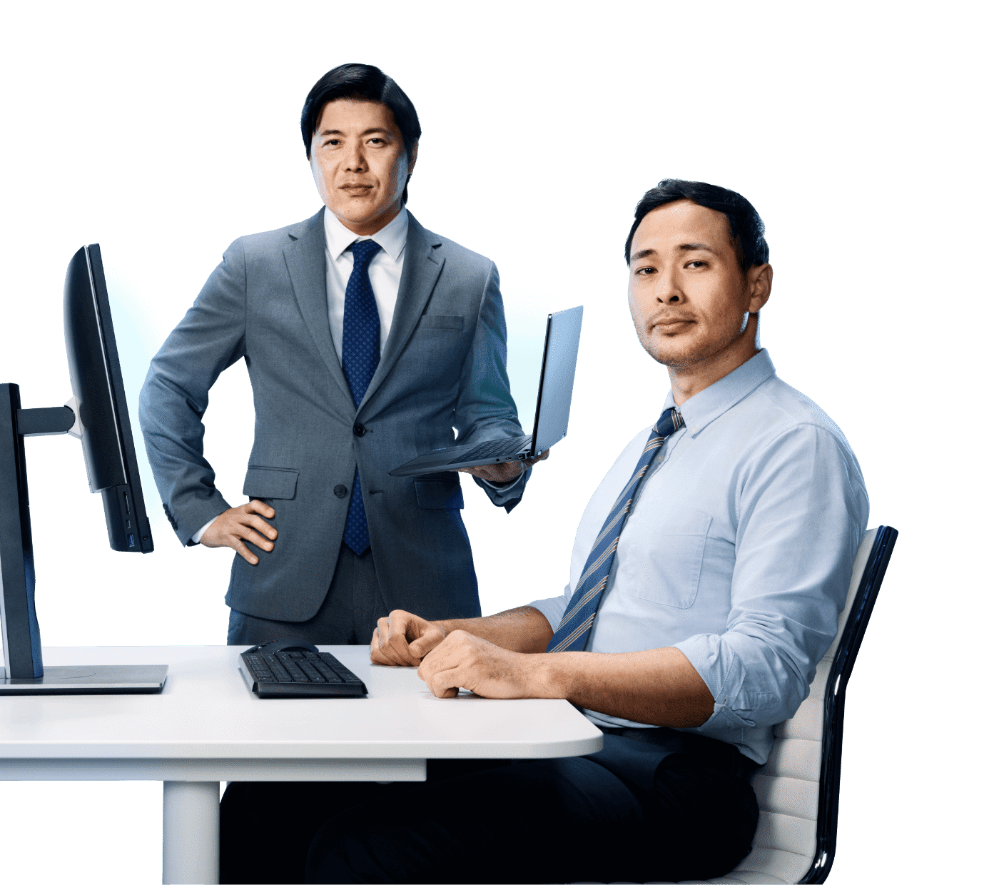 2 businessmen working at a computer workstation