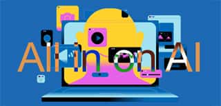 Illustration accompanying 'All in on AI' section header. It shows and individual working on multiple tasks simultaneously, assisted by AI.