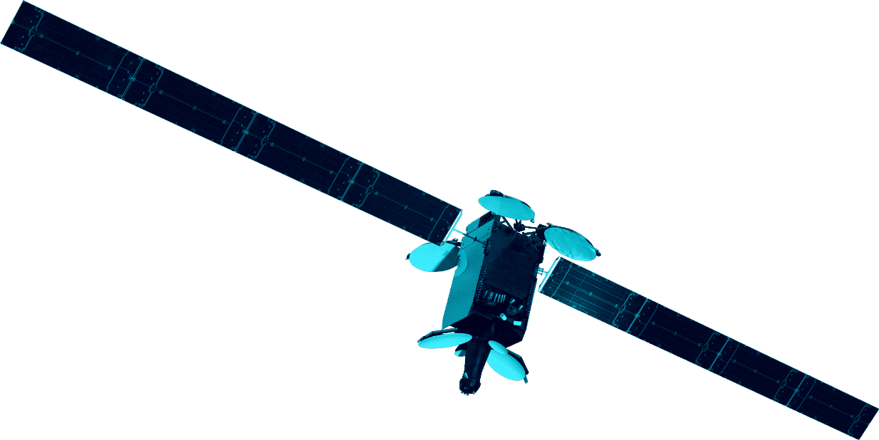 A satellite, powered by two large solar arrays, floats in space