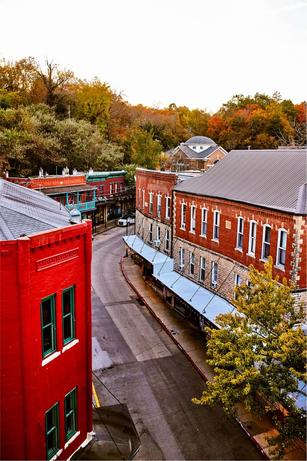 A view of the town’s autumn-colored foliage and turn-of-the-century balconies and buildings.