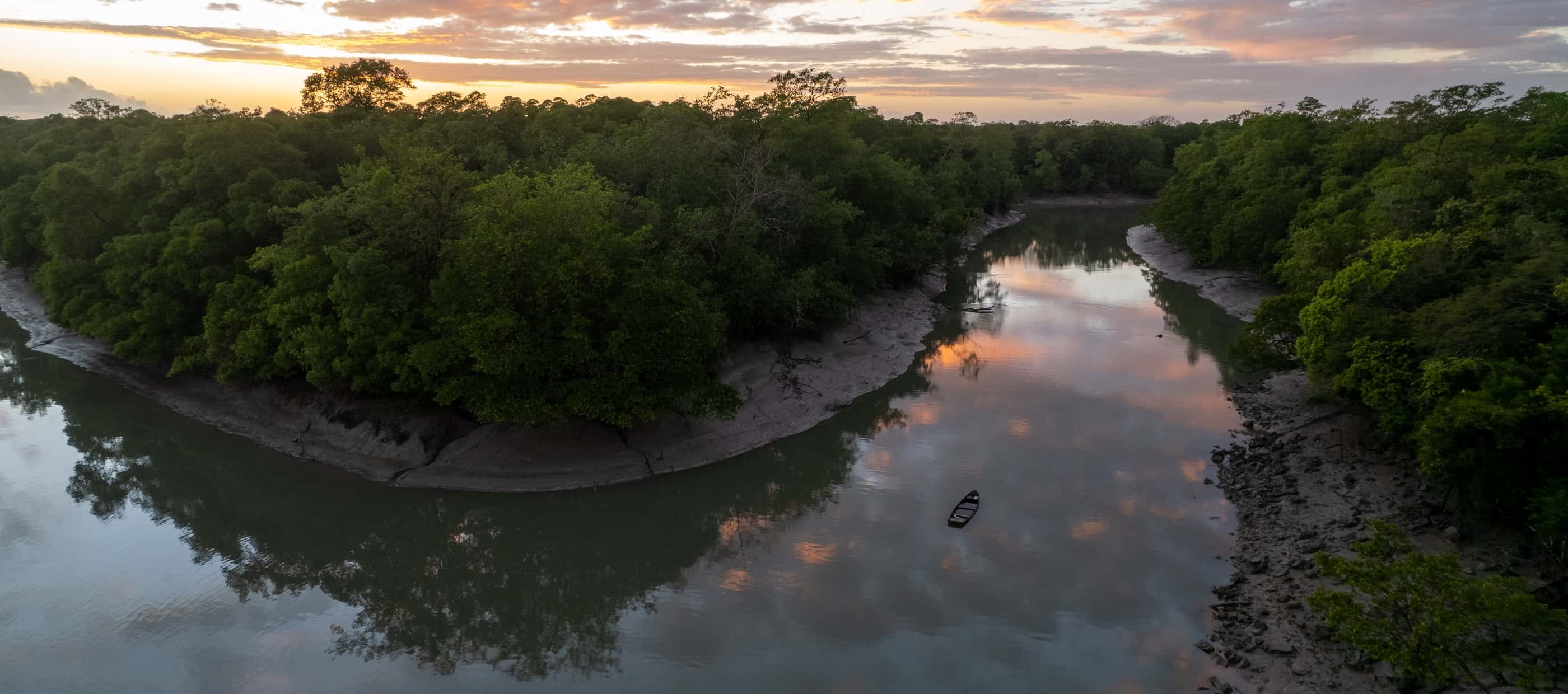 The sun rises over a bend in the Muriá River in Curuça, where Angelo Bernardino and Margaret Owuor are collaborating with local communities to learn more about the cultural and economic significance of the freshwater mangrove forests.