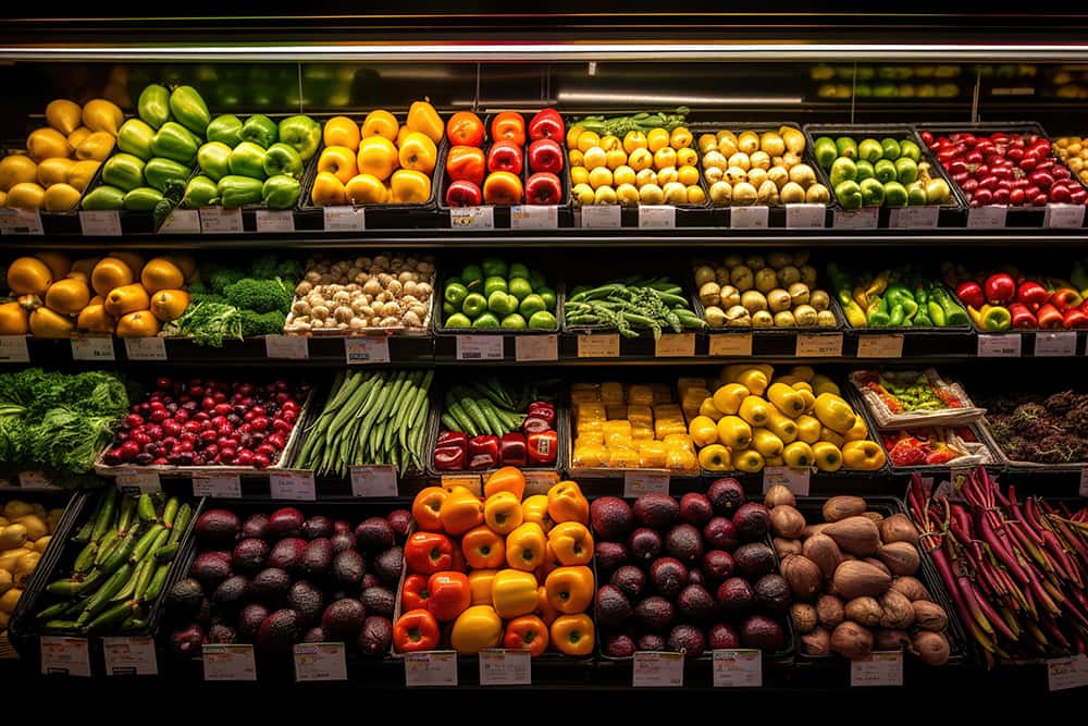 Healthy fresh vegetables and fruit produce grocery section