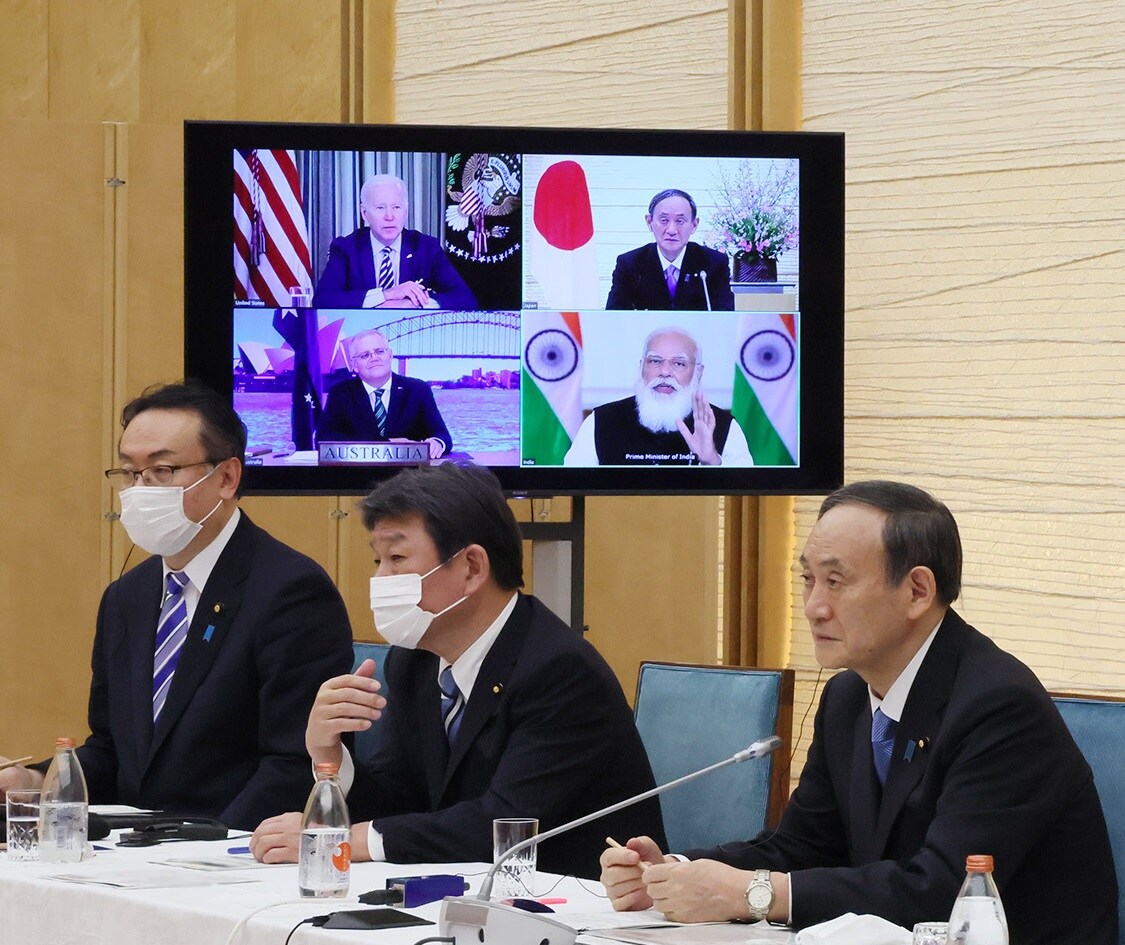 Prime Minister Suga attending Japan-Australia-India-U.S. Leaders' Video Conference (March 12, 2021) (Photo: Cabinet Public Relations Office (edited))