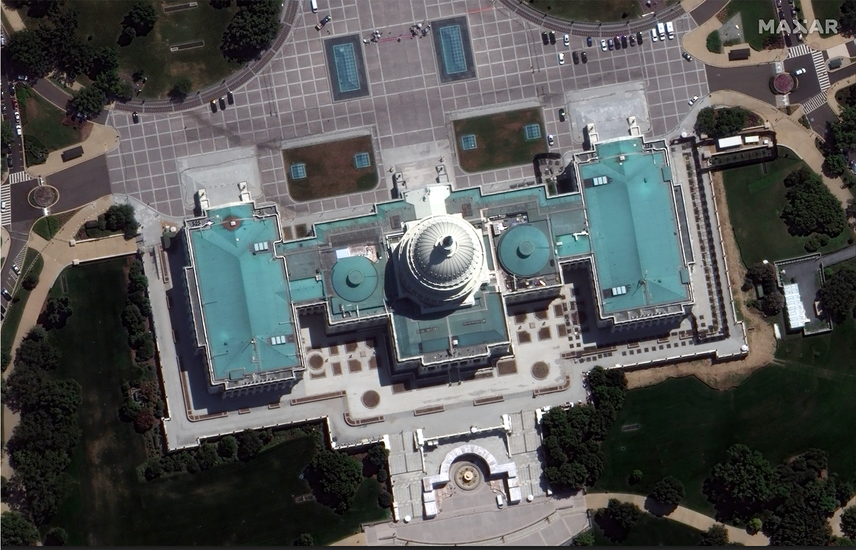Maxar satellite image of the U.S. Capitol, taken just before the hearse carrying Rep. John Lewis arrived on July 27, 2020.