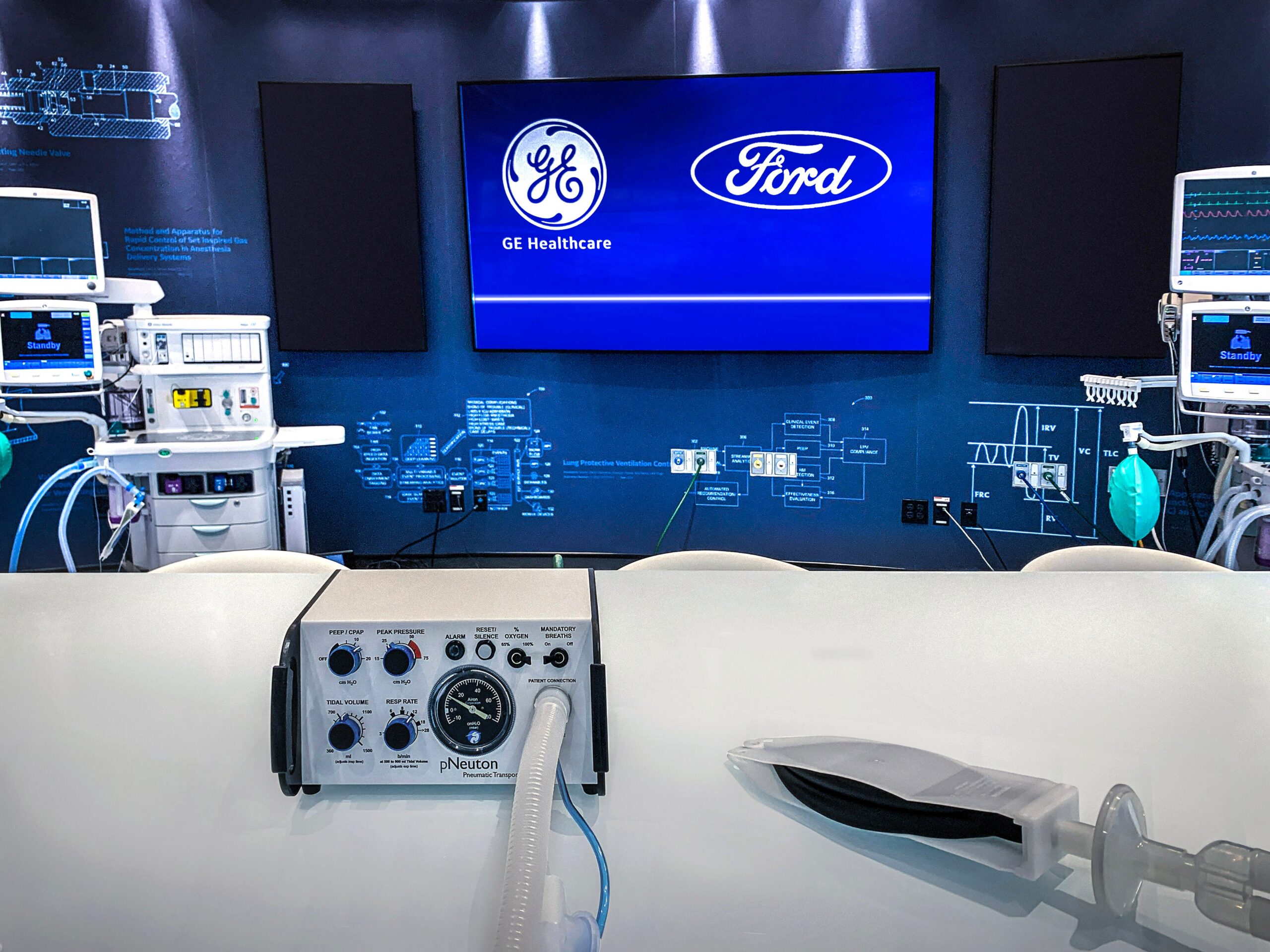A Model A-E ventilator, left, and a simple test lung. The ventilator uses a design that operates on air pressure without the need for electricity, addressing the needs of most COVID-19 patients. Its production can be quickly scaled to help meet growing demand in the U.S.