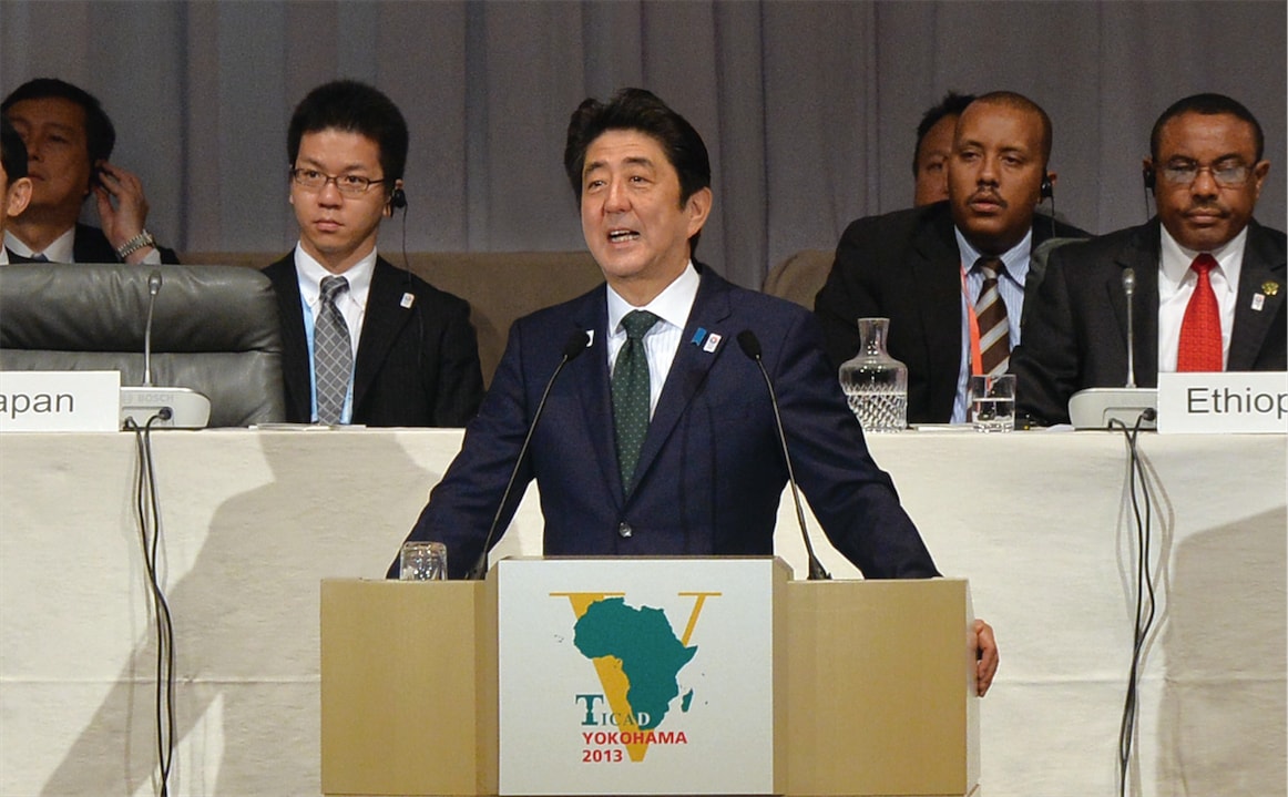 Japanese Prime Minister Shinzo Abe delivering an address at the TICAD V, in Yokohama, 2013