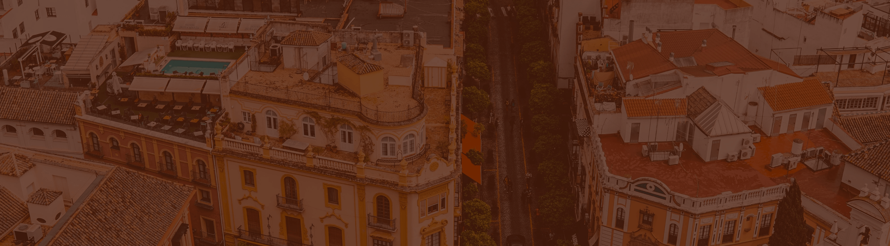 An aerial view of terracotta rooftops in Madrid. 