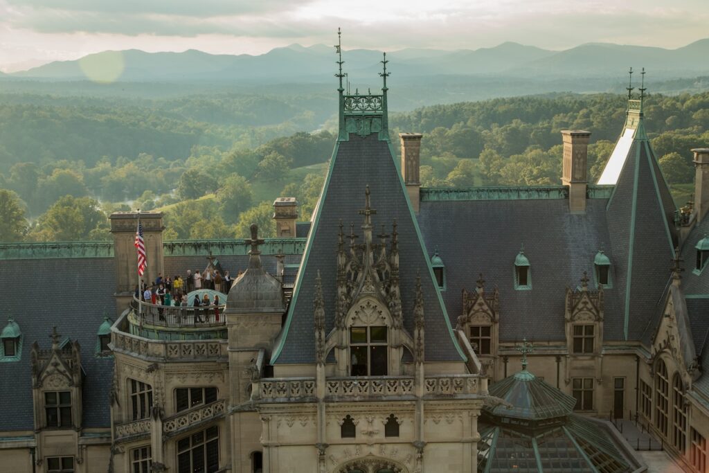 The roof of the building is green.