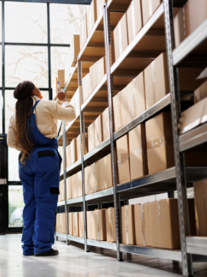 A worker in overalls looking at shelves in a warehouse.