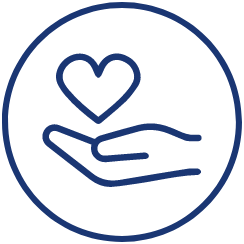 A blue hand holding a heart in a circle.