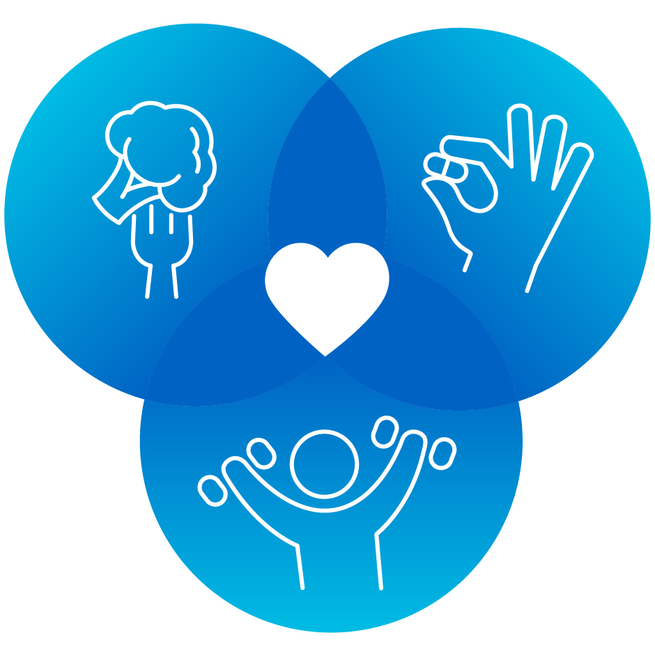A blue circle with people holding hands and a heart.