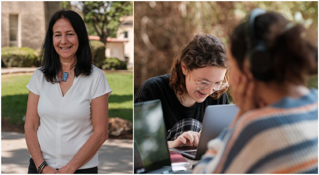 Three pictures of women working on laptops in a park.