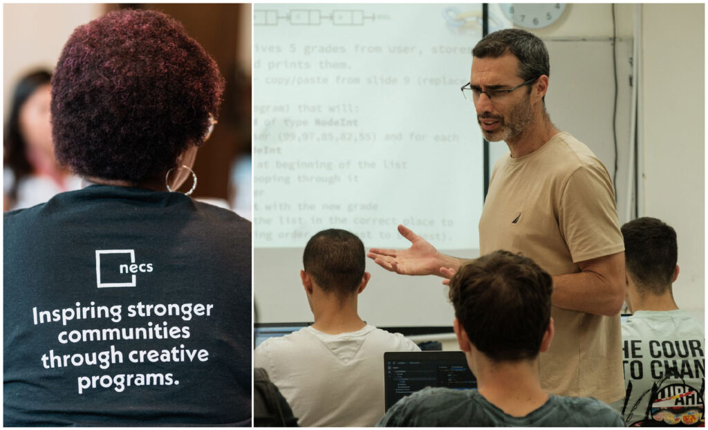 A picture of a man teaching a class and a picture of a man in a t-shirt.