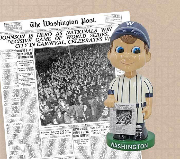 Bobblehead figure in a baseball uniform holding a newspaper stands in front of a vintage "The Washington Post" front page headline about a World Series victory.