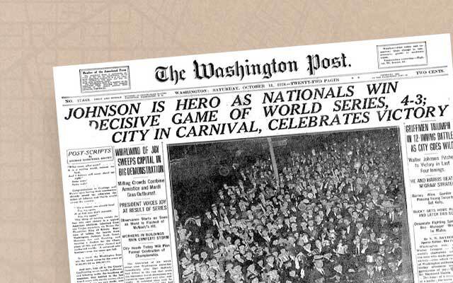 A newspaper headline reads: "Johnson is Hero as Nationals Win Decisive Game of World Series, 4-3; City in Carnival, Celebrates Victory." Crowds are pictured celebrating.