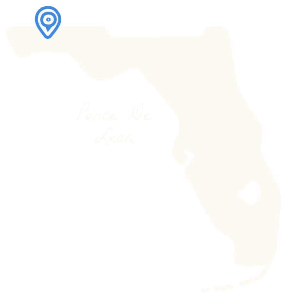 Outline of Florida with a blue location marker in the northwest region, labeled "Ponce De Leon.