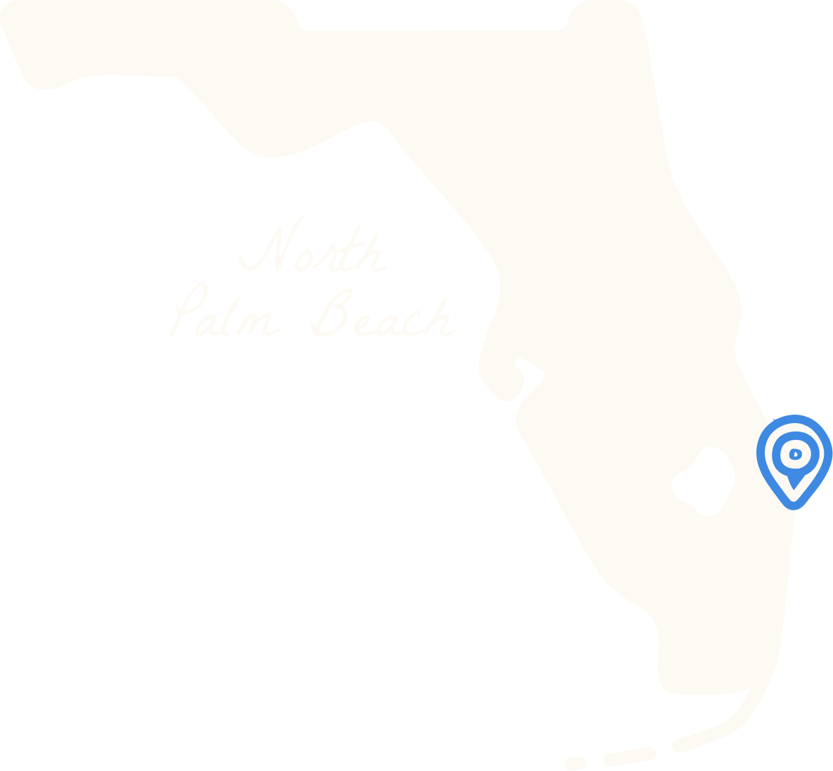 Outline map of Florida with a blue location pin marking a spot on the southeastern coast; text reads "North Palm Beach.