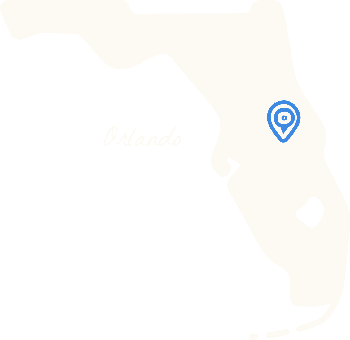 Outline map of Florida with a blue location pin marking the area near Orlando in the central part of the state.