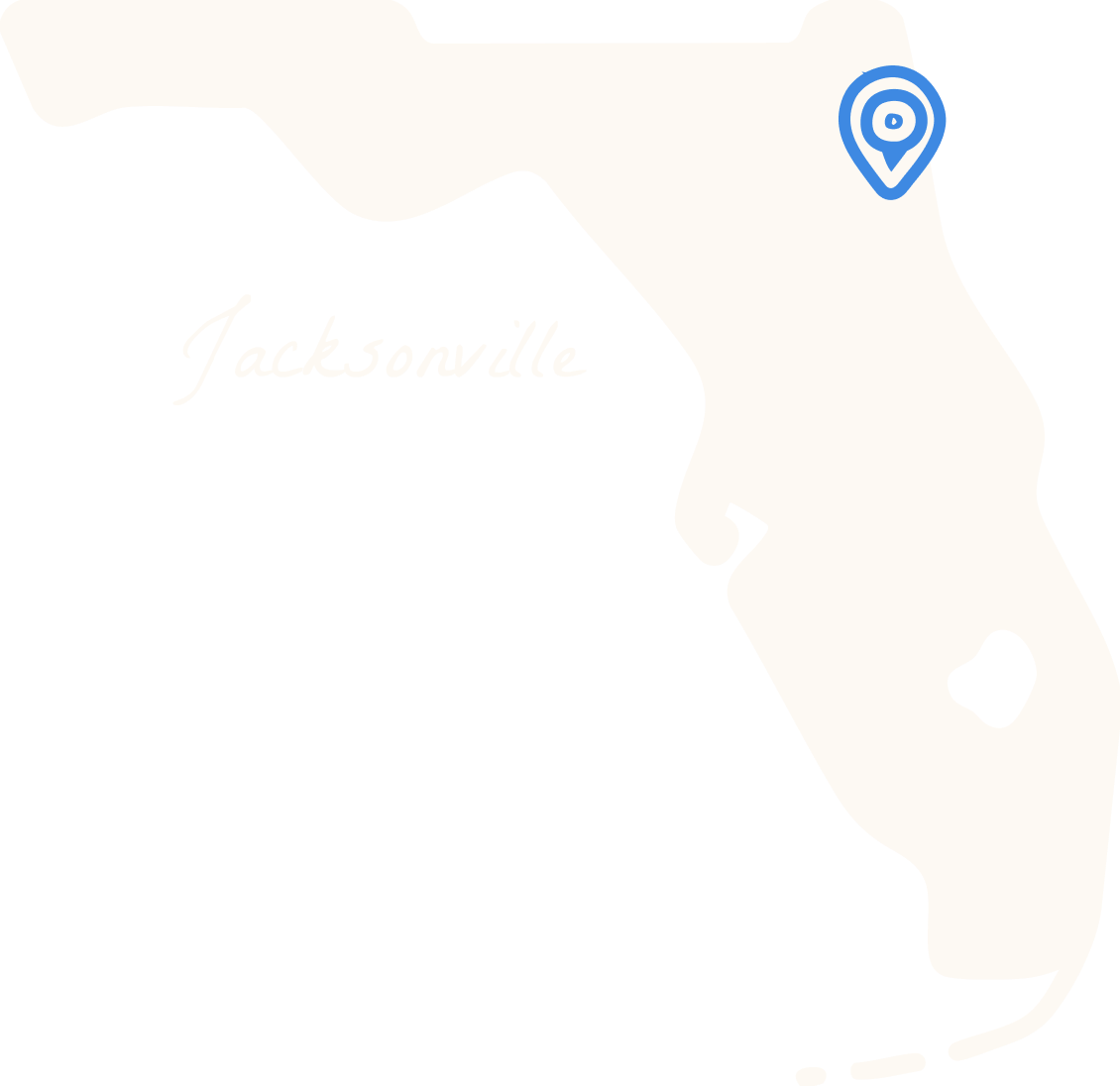 Map outline of Florida with a blue location pin near the northeastern part of the state, labeled "Jacksonville.