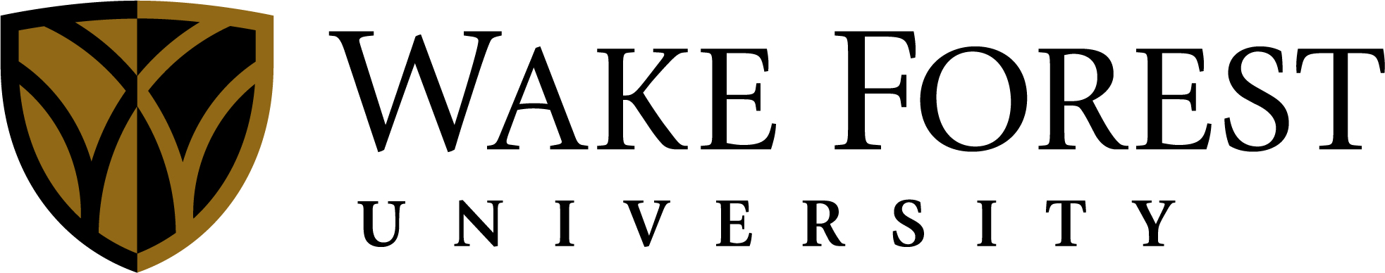 Wake Forest University logo with a black and gold shield containing a stylized "WF" next to the university name in black text.