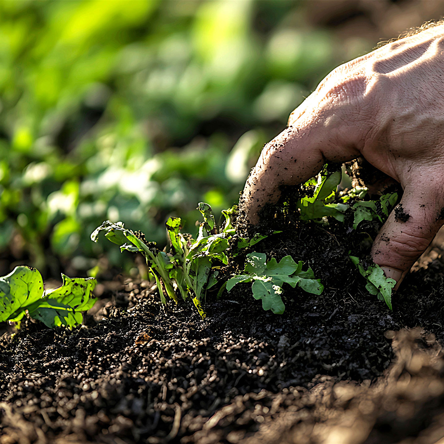 A hand tending to small green seedlings in dark, rich soil in a garden, with blurred greenery in the background.