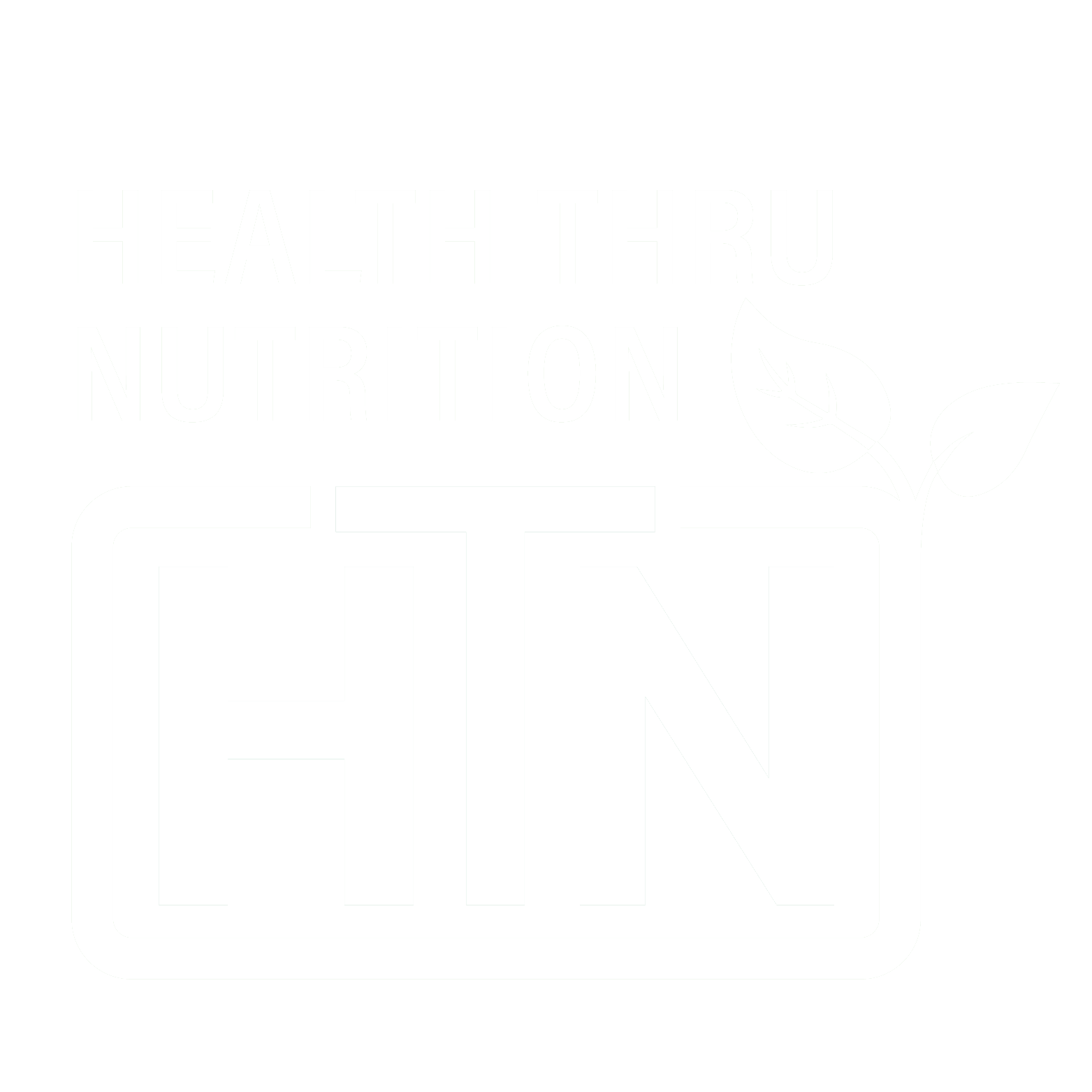 Logo with the words "Health Thru Nutrition" above the bold initials "HTN," featuring a small sprouting plant graphic on the top right.