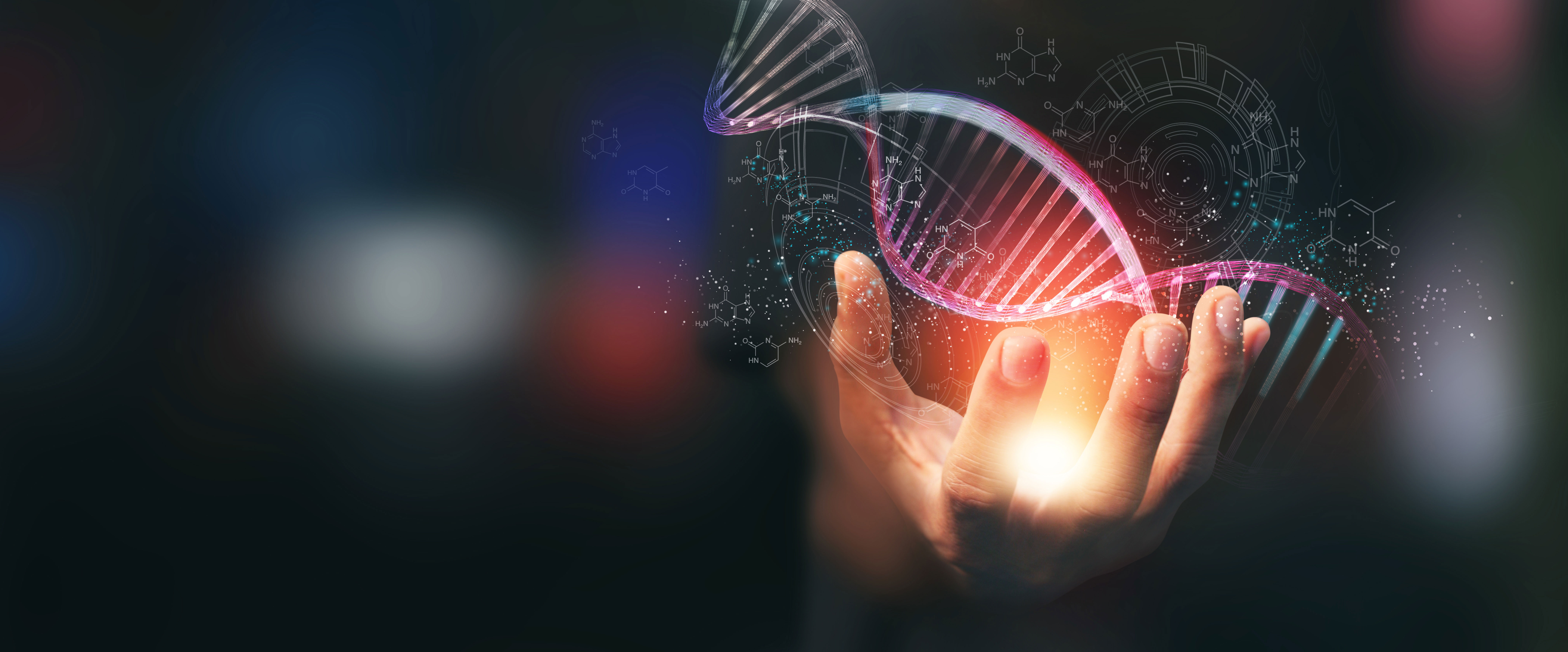 A hand holding a glowing, digital representation of a DNA double helix, with scientific symbols and dark background.