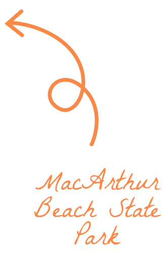 Orange arrow looping left above handwritten text that reads "MacArthur Beach State Park" on a light gray background.