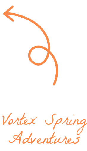 Orange swirl arrow pointing left, above the handwritten text "Vortex Spring Adventures" on a light gray background.
