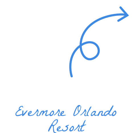 Blue arrow with a loop points to the upper right above handwritten text that reads "Evermore Orlando Resort" on a light background.