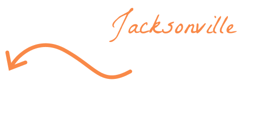 Orange handwritten text "Jacksonville" with an arrow curving leftward below the text on a plain white background.