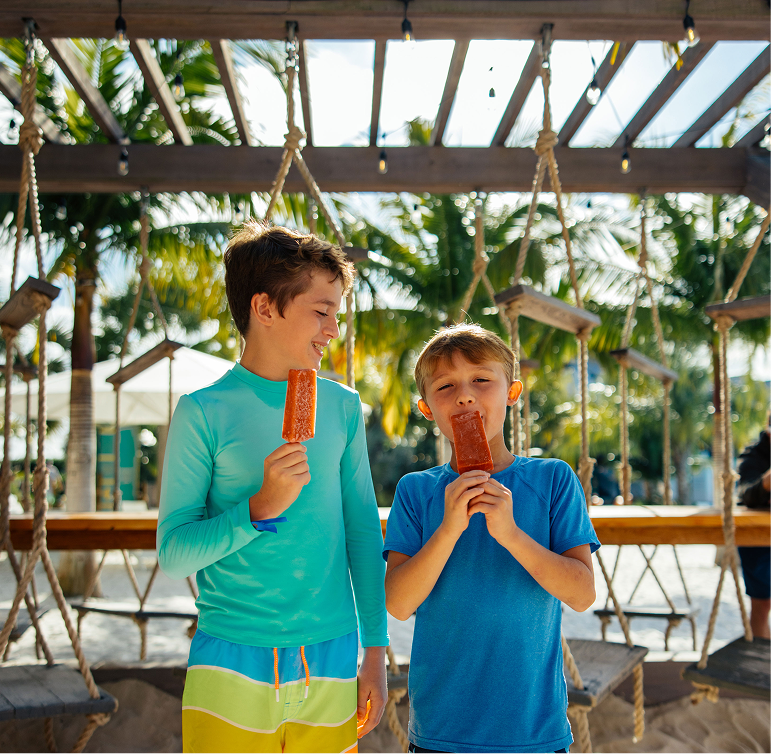 Two boys in swimwear stand outside eating popsicles, with wooden swings and palm trees in the background.
