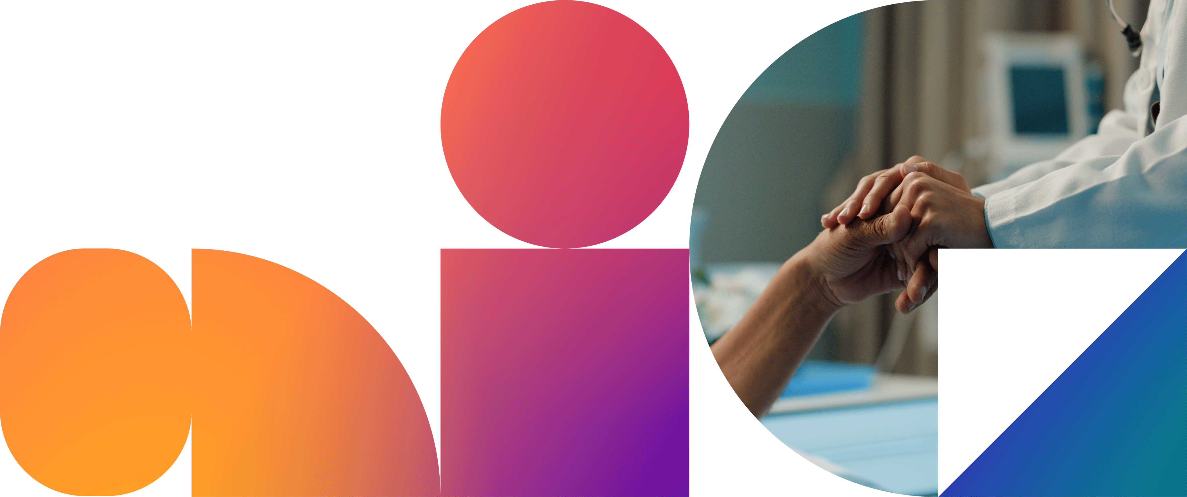 A doctor holds a patient's hand in a hospital room, framed by colorful geometric shapes on a light background.