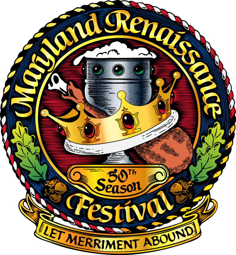 Logo for the Maryland Renaissance Festival's 50th season, featuring a crown, tankard, turkey leg, and the text "Let Merriment Abound.