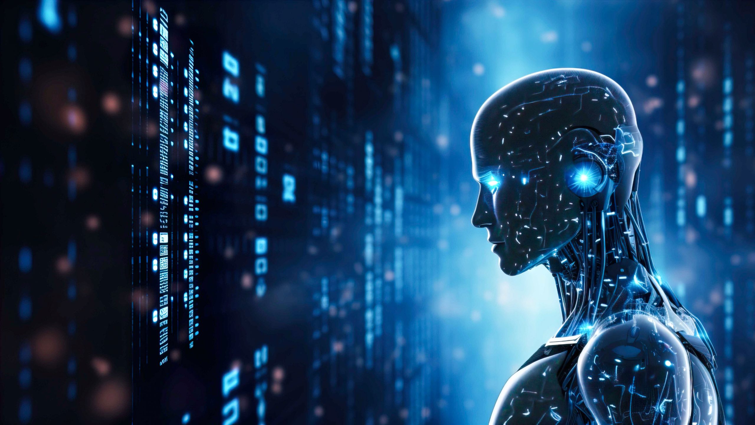A humanoid robot with glowing blue circuitry studies a digital screen in a high-tech, futuristic environment.