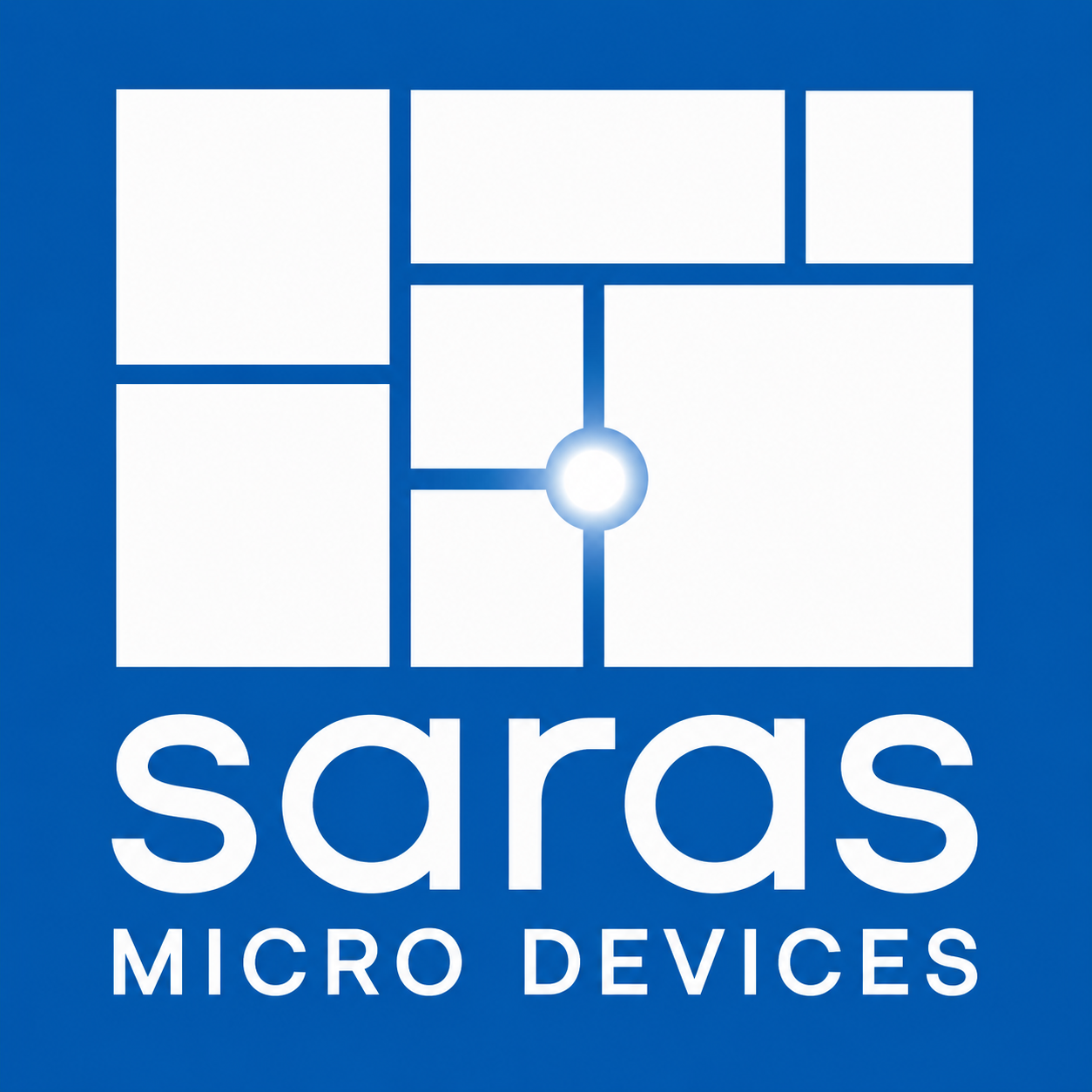 Logo for Saras Micro Devices featuring a blue background, white geometric shapes resembling a circuit, and the company name in bold white text below.