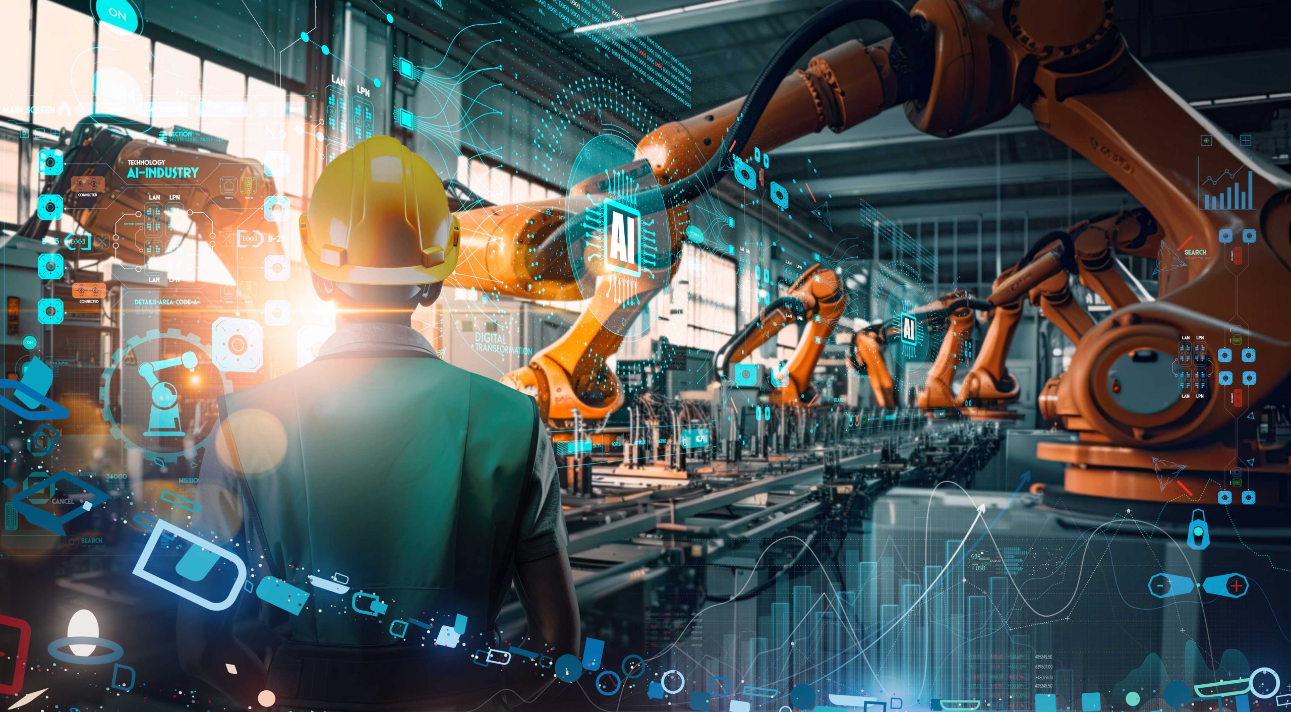 A worker in a hard hat observes robotic arms assembling products in an automated factory, with digital graphics representing AI and technology overlays throughout the image.