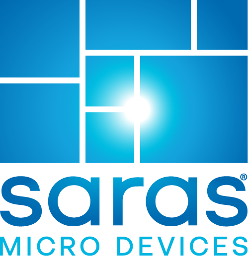 Saras Micro Devices logo with geometric blue shapes, a bright light in the center, and the company name in bold blue letters below.