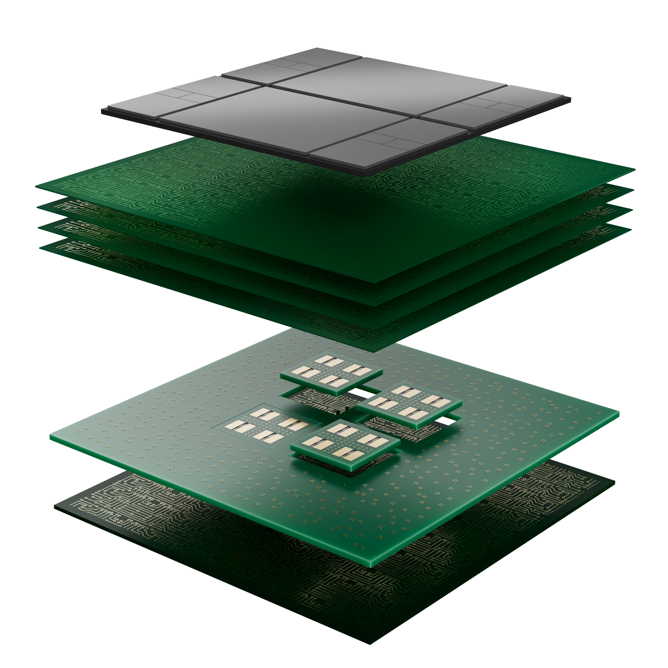 Exploded view of a microchip showing multiple green circuit board layers, gold connectors, and a black chip cover, all separated to illustrate internal structure.