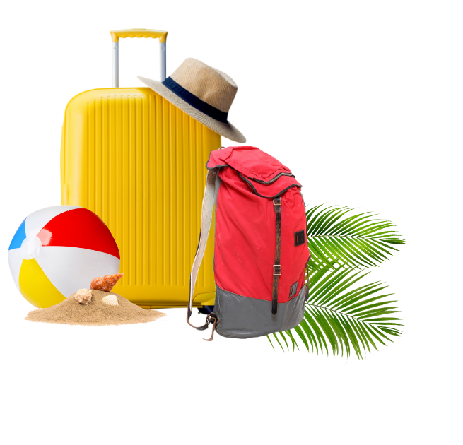 Yellow suitcase red backpack straw hat on suitcase and multi-colored beach ball.